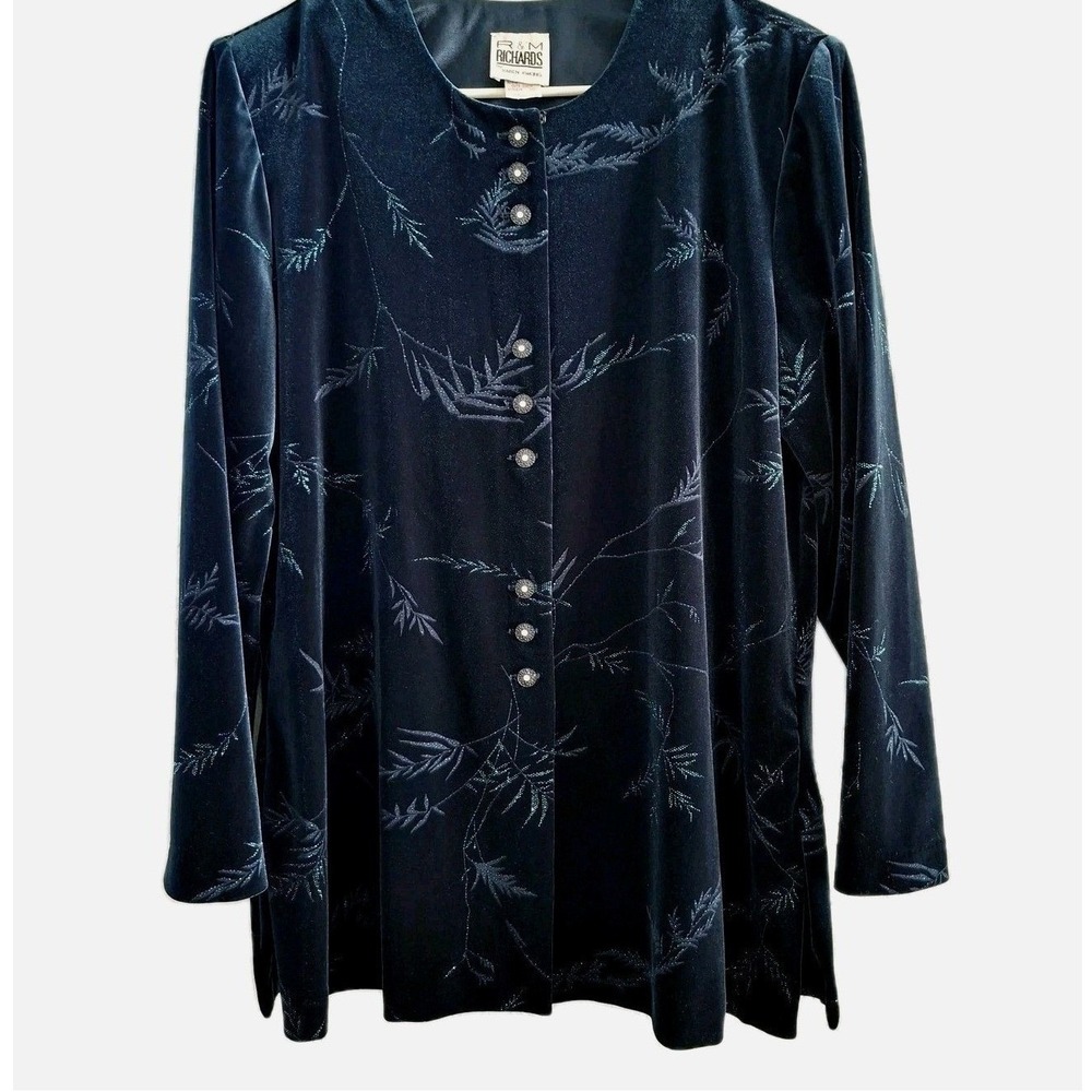 R&M Richards Jacket Top Blouse Size 14 Green Velvet Rhinestone Top